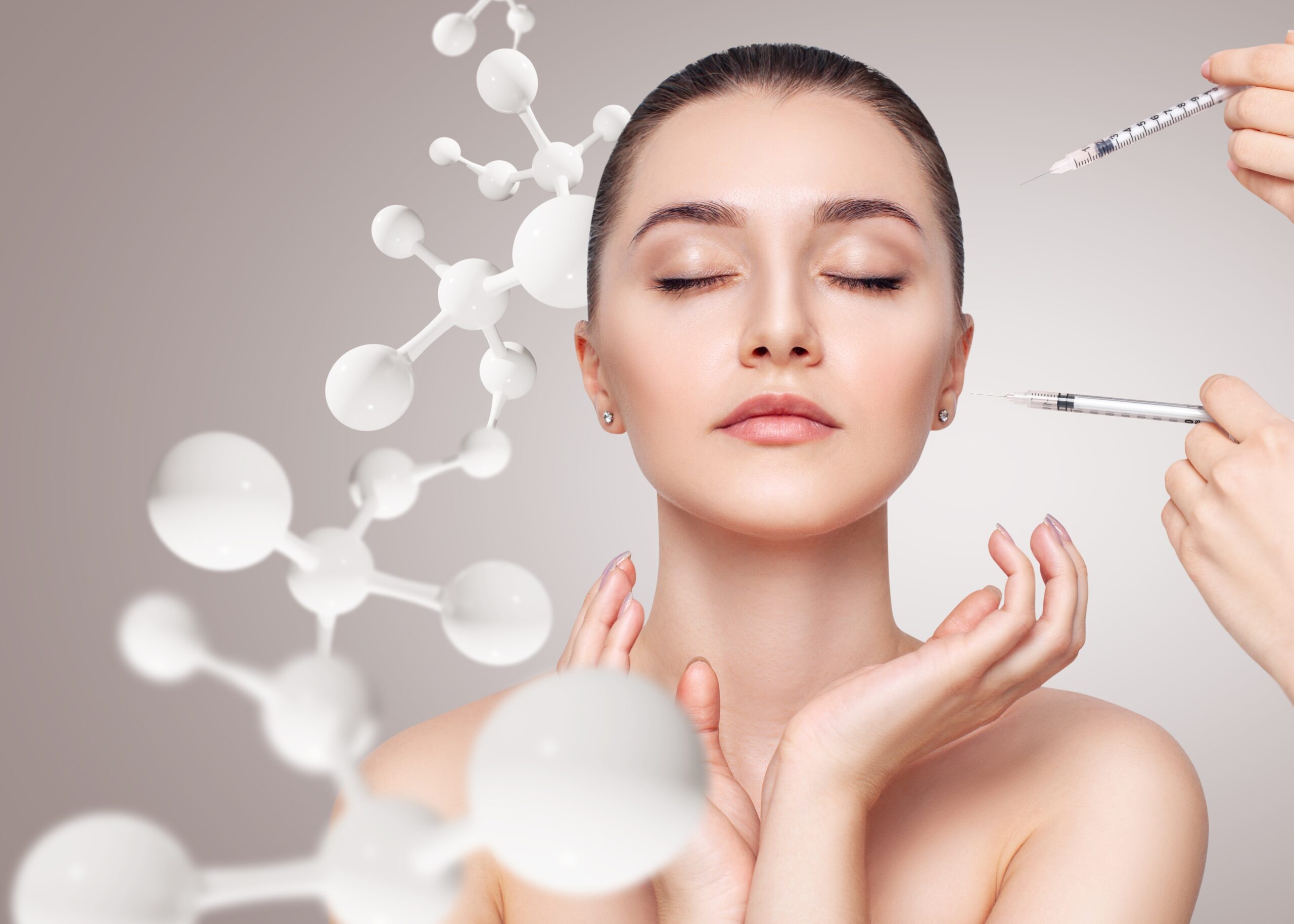 Beautiful Woman Has An Injections In Face Among Molecules. Anti-wrinkles